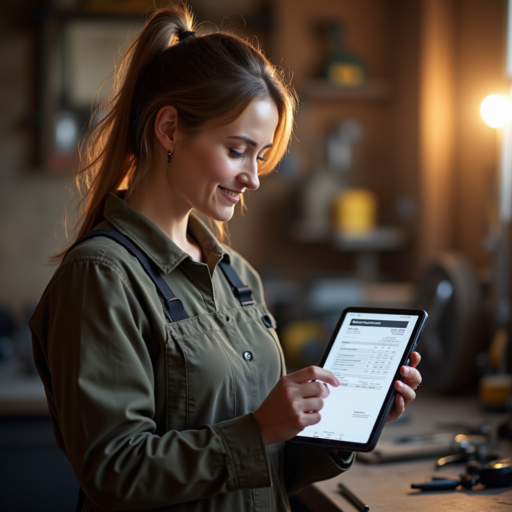 Croatian craftsman using tablet to issue e-invoice in workshop setting