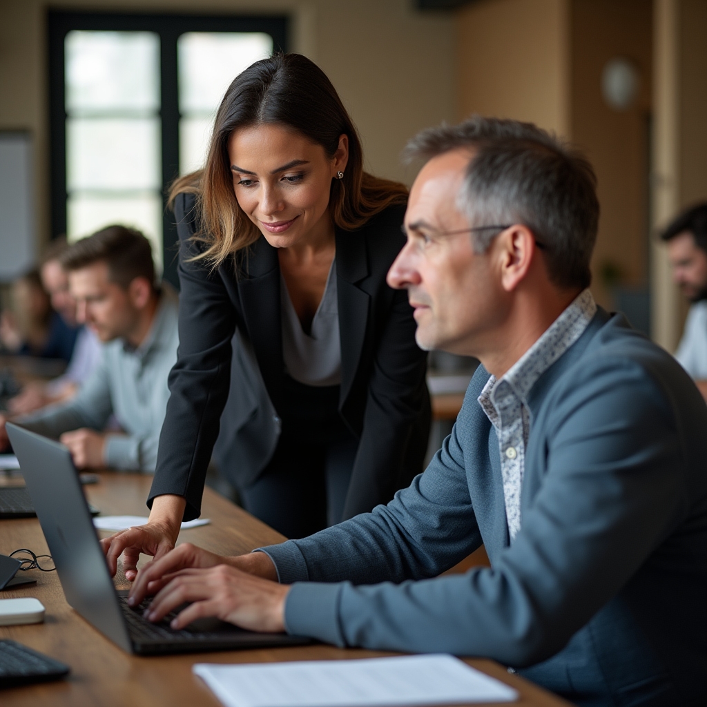 Workshop instructor helping a participant configure their device